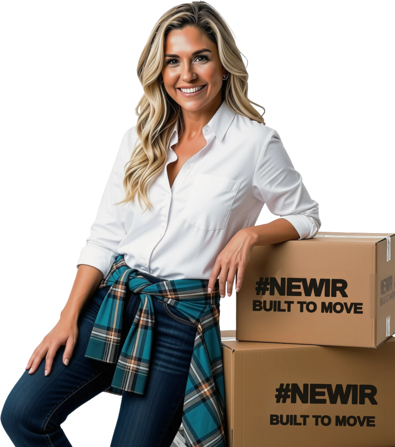 Renee Robertson, Founder and Owner of #NEWIR, leaning against branded #NEWIR moving boxes