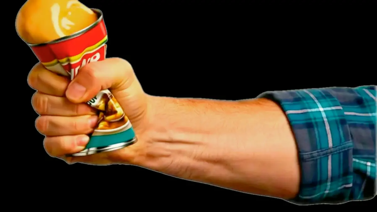 A hand in a teal and charcoal flannel sleeve crushing a #NEWIR Chicken Noodle Soup can