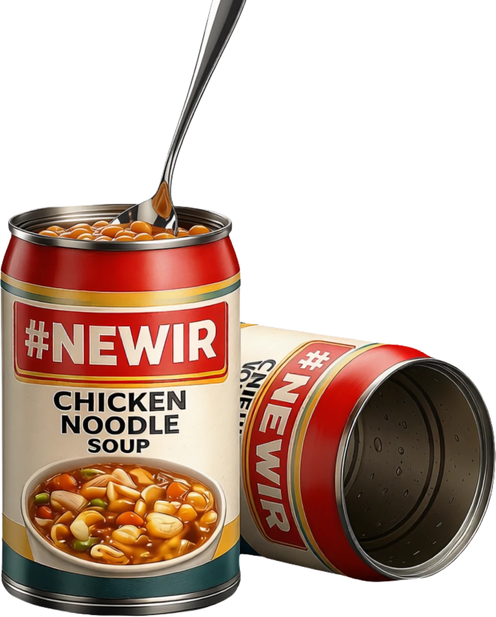A #NEWIR Chicken Noodle Soup can with a spoon resting in the open top, and a second can lying on its side beside it