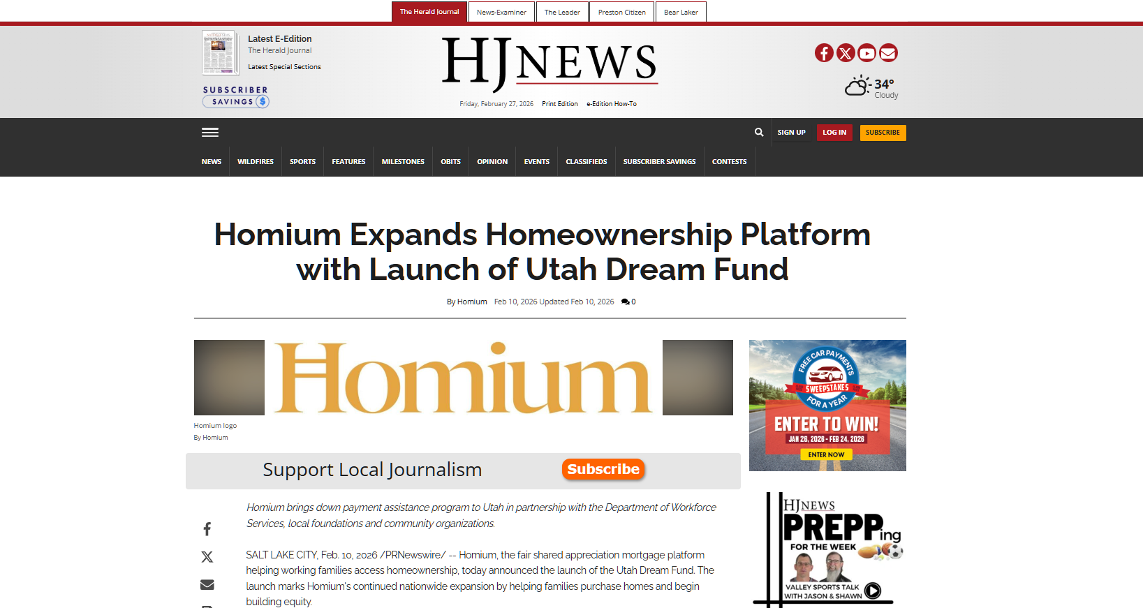 Herald Journal (HJ News): Homium expands homeownership platform with launch of the Utah Dream Fund